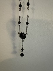 Vintage Black Bead Y Necklace Rhinestone Flower Gothic Revival Pendant