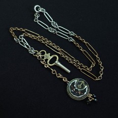 ANTIQUE Gold & Silver Niello Crescent Moon Anchor Pendant Pocket Watch Key