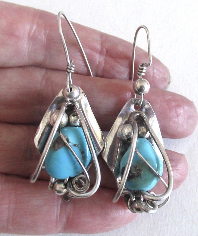 LADDA BIHLER SILVERSMITH STERLING EARRINGS w TURQUOISE, 2 1/8 INCHES, 12 GRAMS