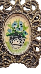 Vase of Flowers Mini Paintings In Frame Brooch Water Color Vintage Pin