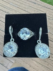 Oval 10mm Cubic Zirconia Solitaire Ring Silver Tone with Earrings