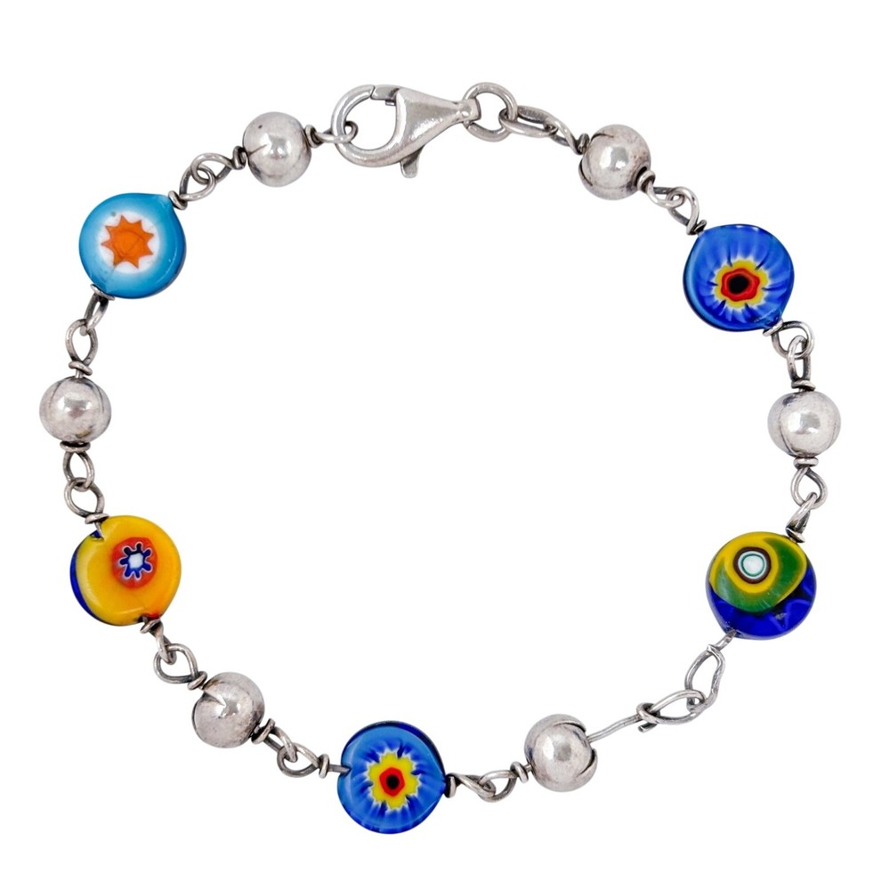 Vintage Sterling Silver 925 Multi-Color Glass Bead Bracelet 7.5″