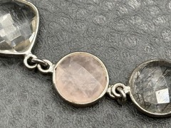 Vintage Sterling Silver 925 Faceted Gemstone Bracelet Rutilated and Rose Quartz