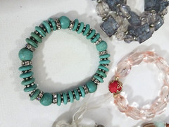 Plastic, Gemstone + crystal bead bracelets. Lot of 10 beaded mixed materials