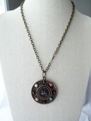 Vintage Copper Brass Faux Gemstone Knight Crest Shield Brooch Pendant Necklace