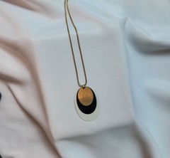 Vintage Mod Enamel Pendant Necklace Black White Gold Oval on Snake Chain