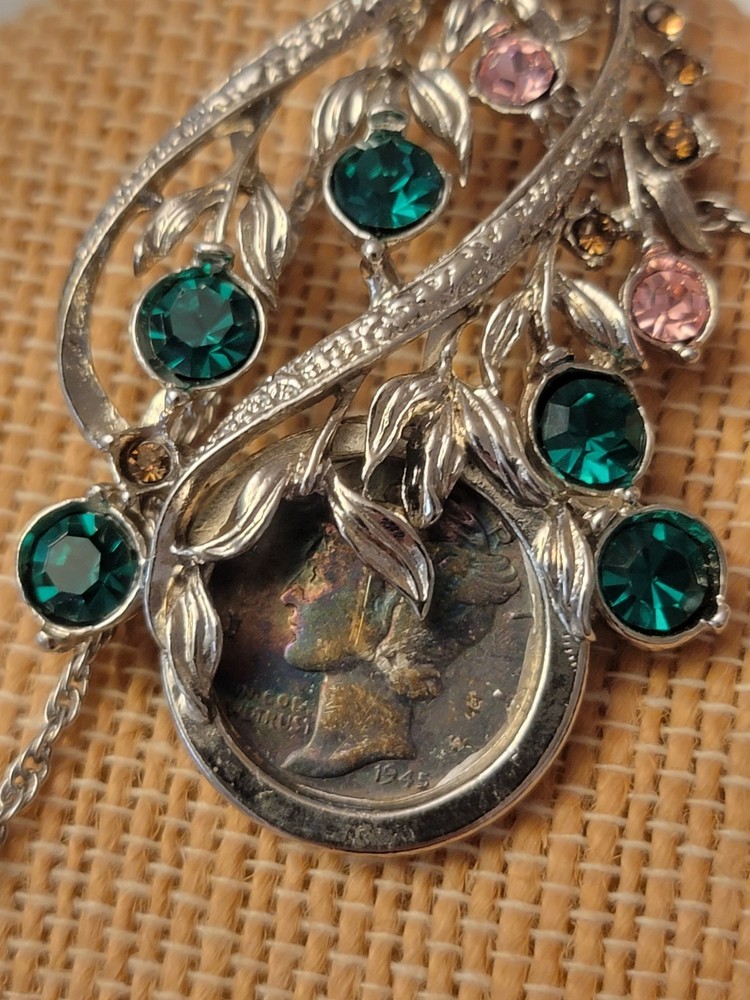 Vintage Necklace With 1945 Mercury Dine Set In A Silvertone Rhinestone Pendant