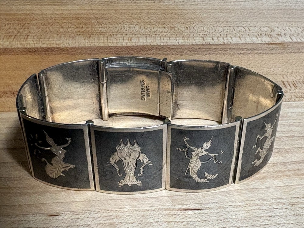 Vintage Thai Siam Niello Sterling Silver Panel 7” Bracelet 9 Panel Dancers 32.7g