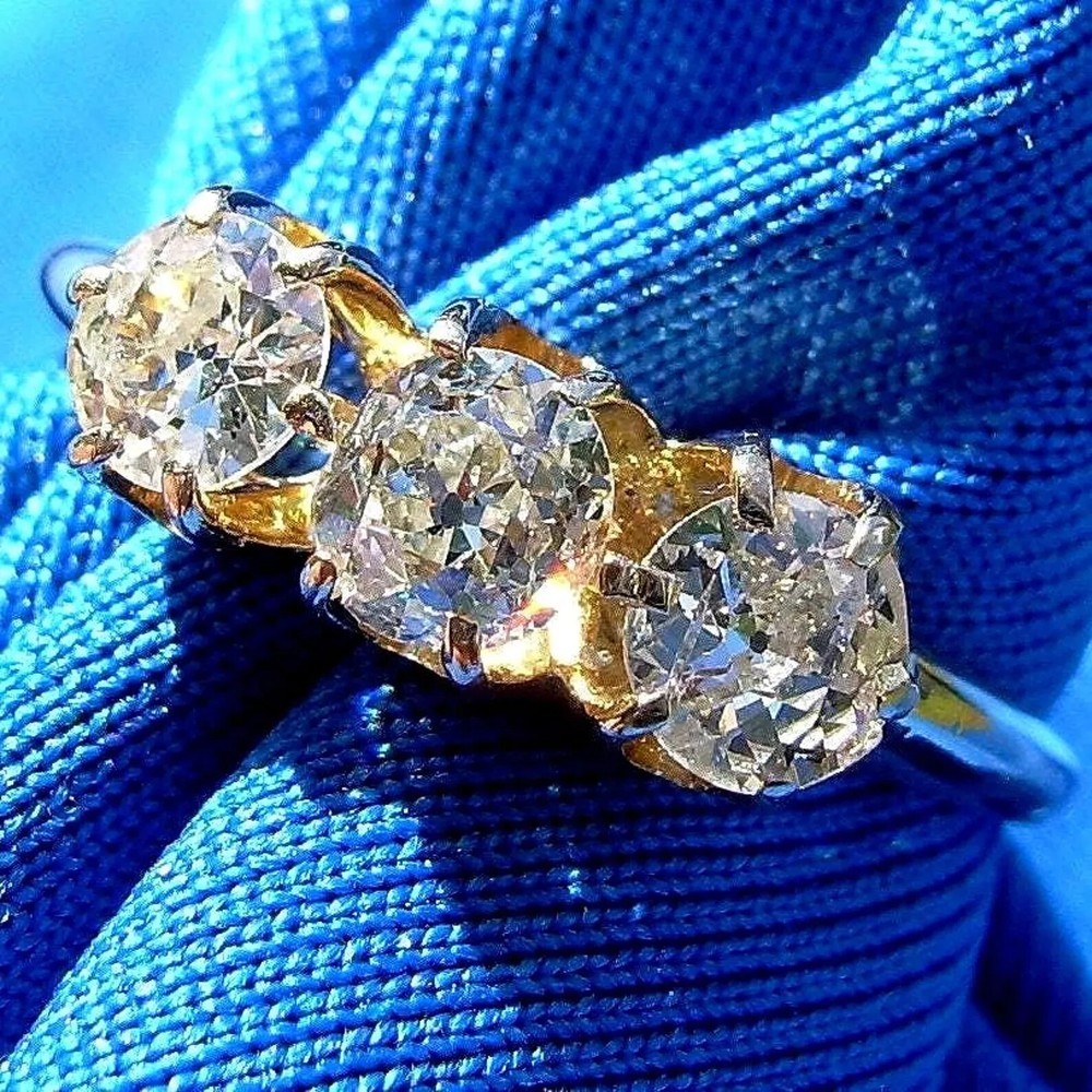 Original EARTH MINED DIAMOND 3 stone Deco Anniversary Wedding Ring Antique Band