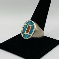 Vintage Navajo 925 Sterling Silver Turquoise Red Coral Signet Ring Size 12.5 12g