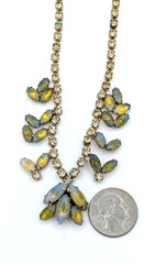 Vintage Givre Glass Necklace Rhinestone Blue Green Opalescent Prong Set