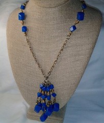 Vintage 1960’s Faceted Blue Lucite Tassel Necklace Gold Plated Flapper Sautoir