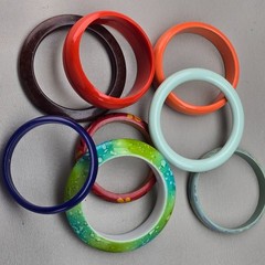 Vintage Bangle Bracelet Lot Plastic Lucite Acrylic Carved Floral Orange Blue Gre