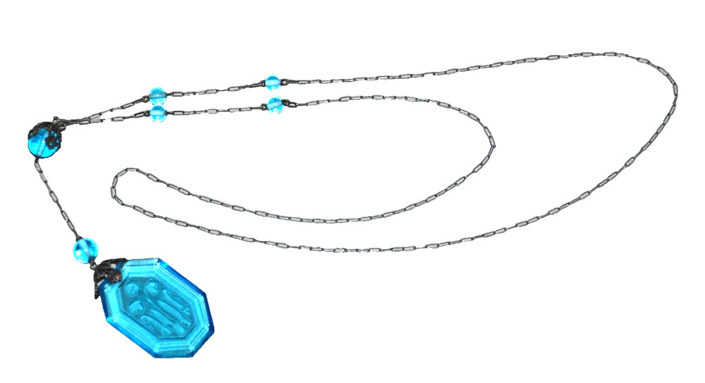 Art Deco Czech Pendant Necklace Floral Intaglio Carved Etched Blue Camphor Glass