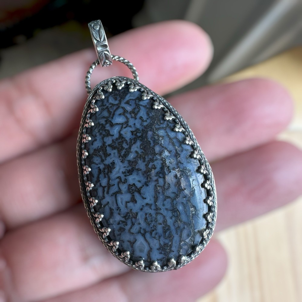 Paul Rossman CSHR Pendant 2 Inch Blue Fossil Dino Bone 925 Sterling 12.0g USA