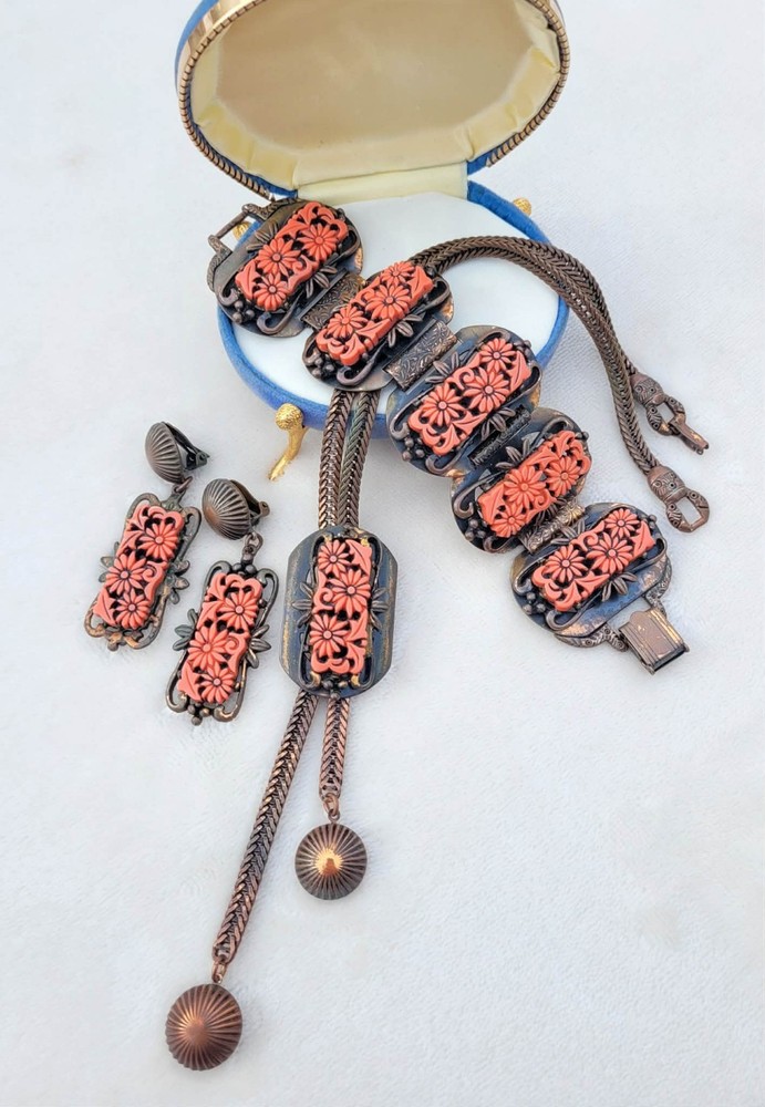Vtg Selro Selini Faux Pink Coral Floral Lariat Necklace Bracelet & Earrings Set