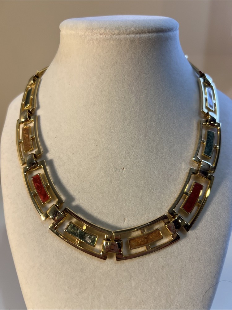 Vtg 90’s Gold Tone Enamel Choker Collar Fold Over Clasp Necklace