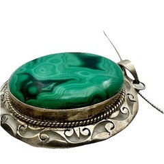 Sterling Silver & Malachite Statement Artisan Pendant Chain Necklace Handmade