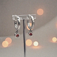 Vintage Sparkling 925 Sterling Silver Red & White CZ Hoop Dangle Charm Earrings