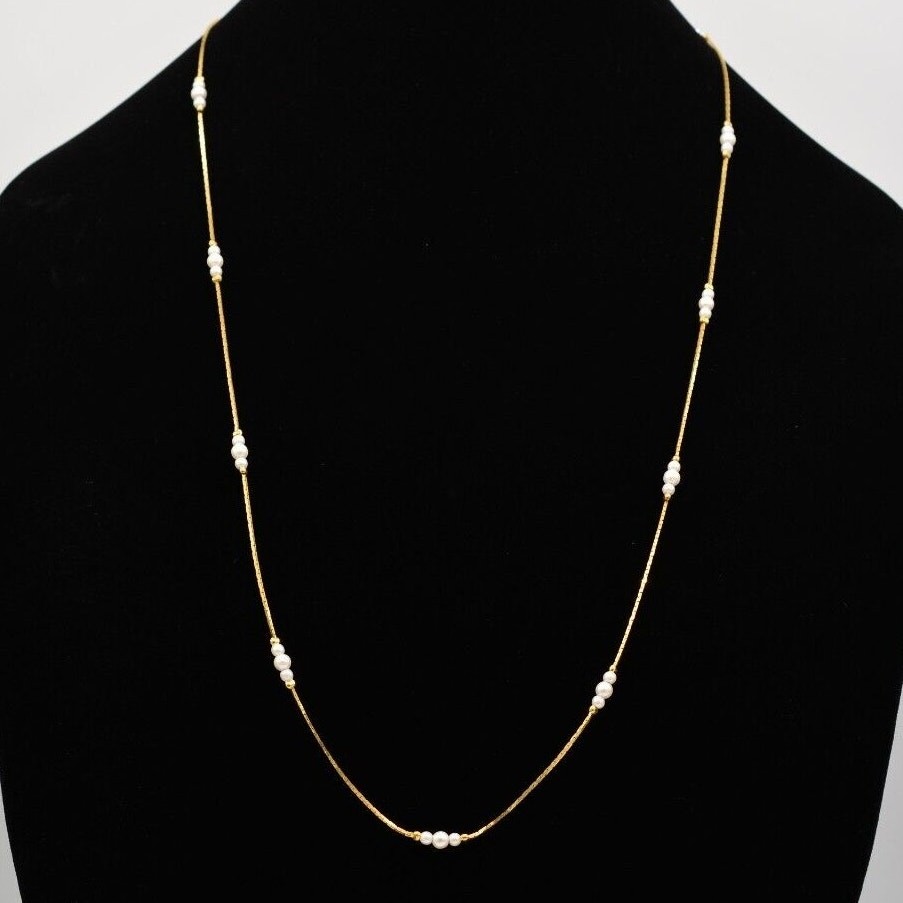 Vintage Station Chain Necklace White Pearl White Beaded Gold Tone 1990s Bin6B