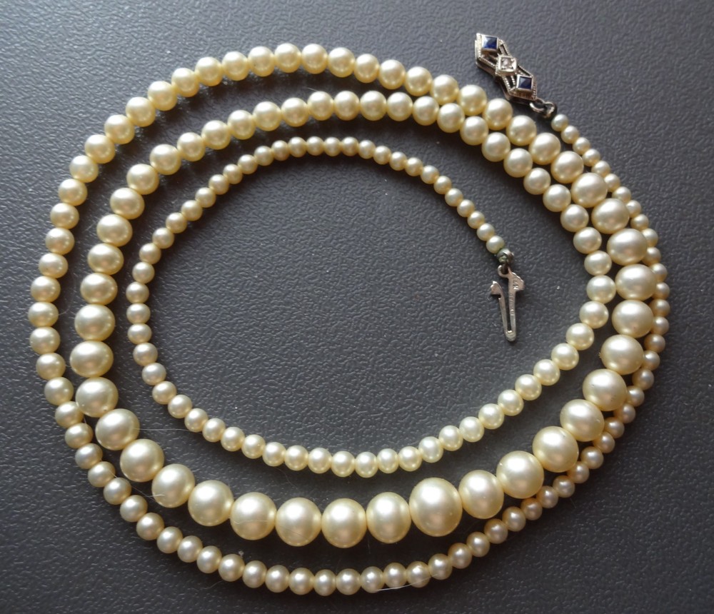 Antique Art Deco Deltah Solid 14K Gold Sapphire Diamond Man Made Pearl Necklace