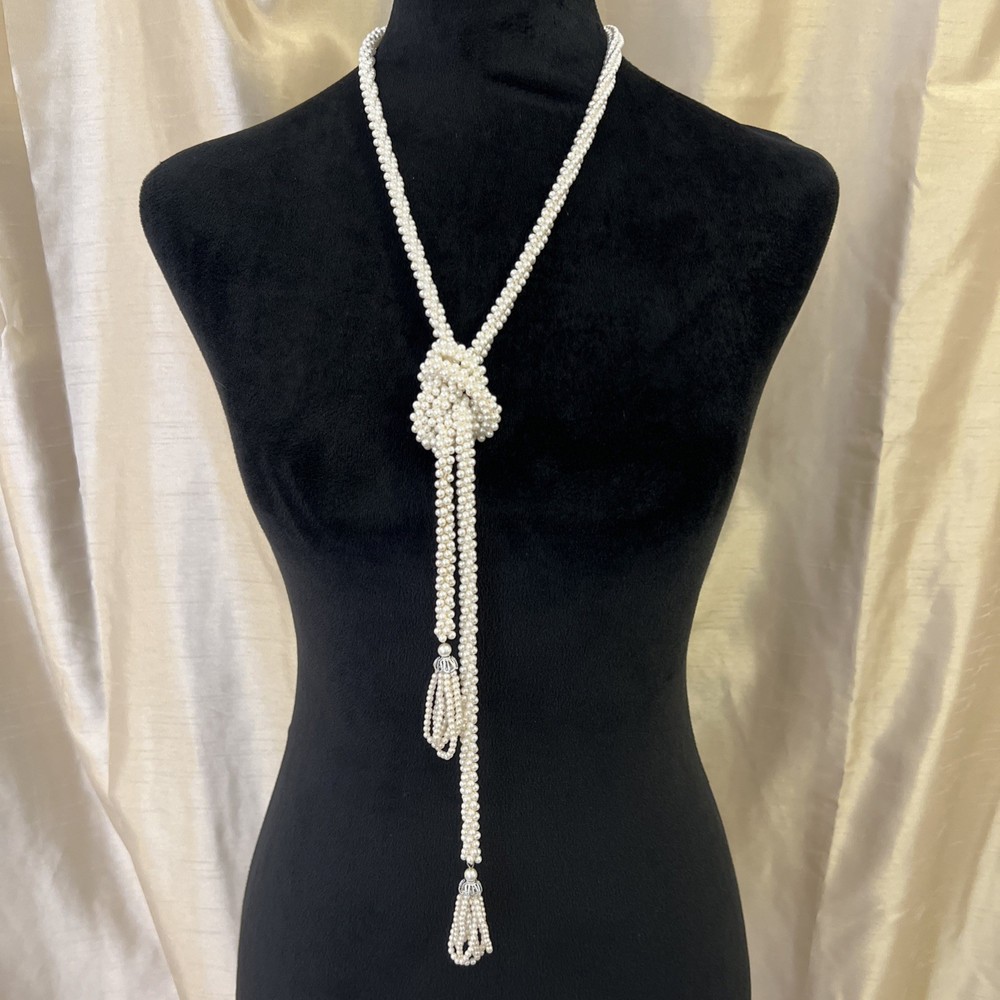 Faux Pearls Rope Tie Necklace 50″ Long Vintage MCM