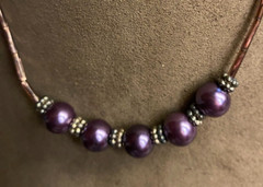 NOS Dark Purple Glass Bead Necklace 16″ & Pierced Dangle Earring Set