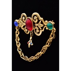 AJC Vintage Victorian Cabochon Pin Brooch Antiqued Gold Chain Signed 1980s BinBP