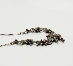 Vintage sterling silver red garnets marcasite ornate floral deco style necklace