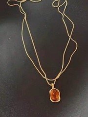 Vintage Natural Stone Pendant Necklace Brown Leather Cord Sweater Chain