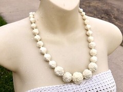 Vintage Ivory Celluloid Carved Graduated Rose Beads Necklace + earrings set