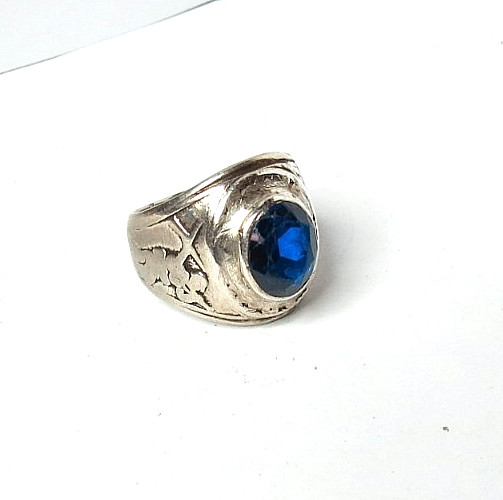 VG STERLING SILVER MENS MILITARY SNIPER BLUE SAPPHIRE RING SZ 10.25 & 21MM 11gr