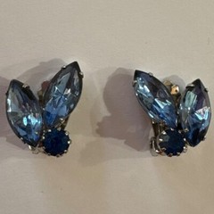 1960s Vintage Blue Rhinestone Clip On Earrings Cocktail Party Jewelry