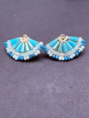 Vintage Aqua Blue Beaded Rhinestone Fan Earrings