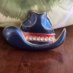 Vintage Cowboy Hat Brooch Blue Enamel With White Rhinestone’s Fashion Jewelry