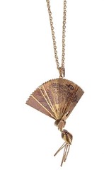 Vintage Folding Fan Necklace Pendant Chinese Dragon Birds Sun Gold Tone Metal