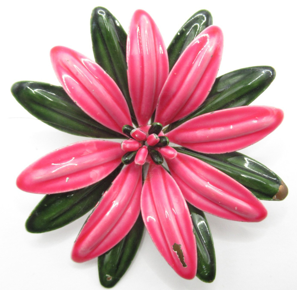 Flower Pink and Green Enamel Layered Brooch Pin Vintage MCM