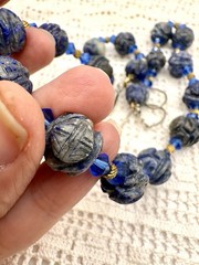Vintage Hand Carved Lapis Lazuli Shou Bead Necklace 20”