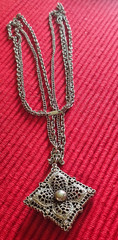 Celebrity 60’s – 70’s Silver Tone Square Pendant on Double Strand 31 Inch Chains