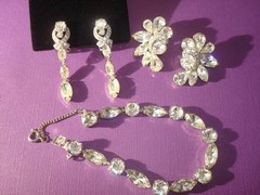 Vtg. EISENBERG BRACELET&TWO PAIRS EARRINGS CLEAR RHINESTONES ALL SIGNED,LOT/SET