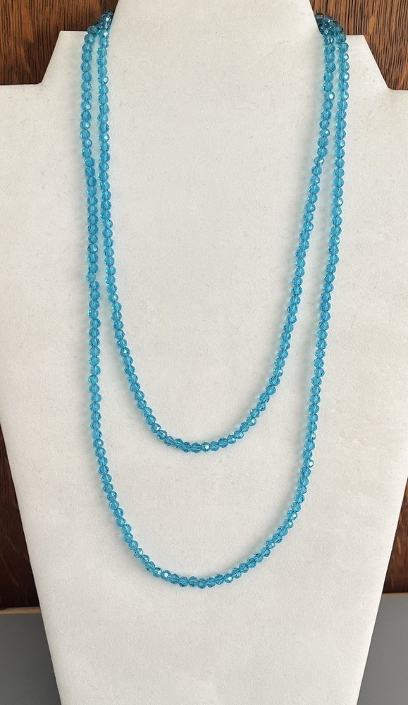 VTG 40” Single Strand Tiny Turquoise Crystal Beaded Slip On Necklace No Clasp