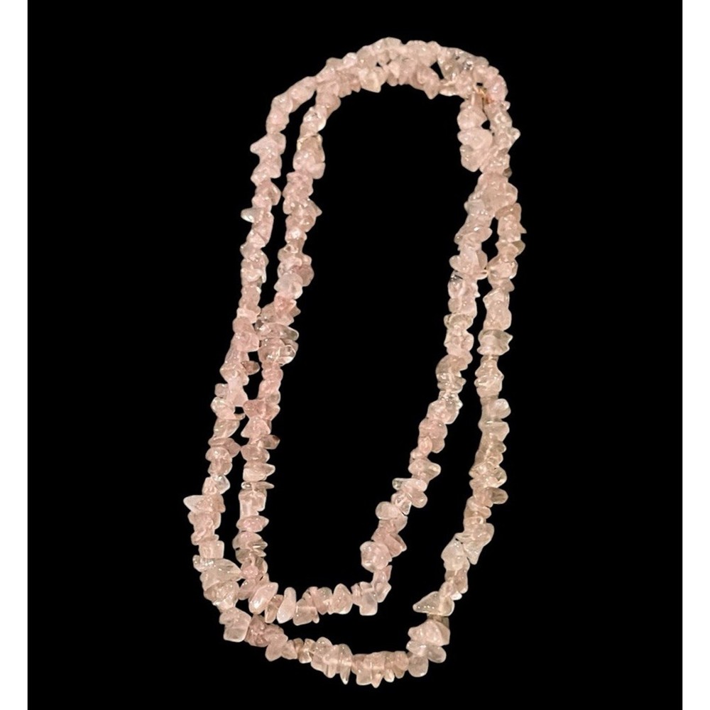 Pink Rose Quartz Gemstone Chip Stone Necklace 34″ Long 48 Grams Gemstone Healing