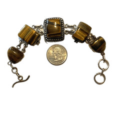 Vintage Polished Tiger’s Eye Silver Tone Bracelet 7” Chunky Statement Piece