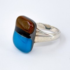 Vintage Ross Simons Sterling Silver 925 Blue Brown Black Fused Glass Ring Size 7