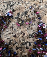 Vintage Blue Pink Amber Beaded Shell Abalone Necklace Earring Set Signed Japan