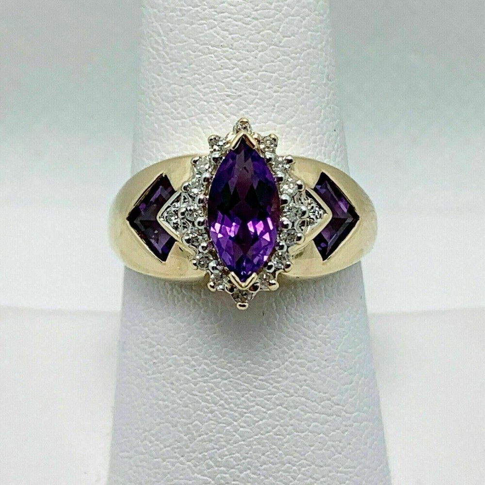 Art Deco Marquise Cut Amethyst & Lab Created Diamond Engagement 925 Silver Ring