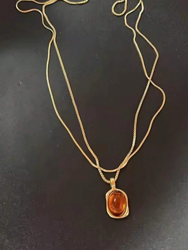 Vintage Natural Stone Pendant Necklace Brown Leather Cord Sweater Chain