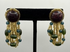 VTG 70s – 80s Beaded Boho Dangle Pierced Earrings Chandelier Purple Gold Green