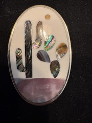Silver colored Oval Shell Inlay Brooch Pin Signed 2in Nature Theme