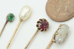 4 ANTIQUE VICTORIAN / GEORGIAN ENGLISH GOLD & GEMSTONE STICKPINS NATURAL PEARL